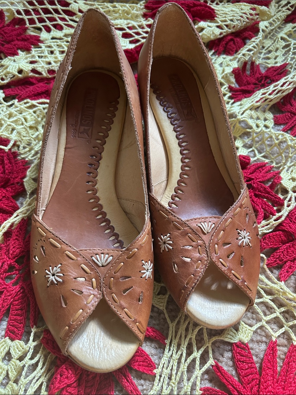 Pikolinos Brown Leather Floral Peep Toe Shoes Boho EU 37 US 6.5